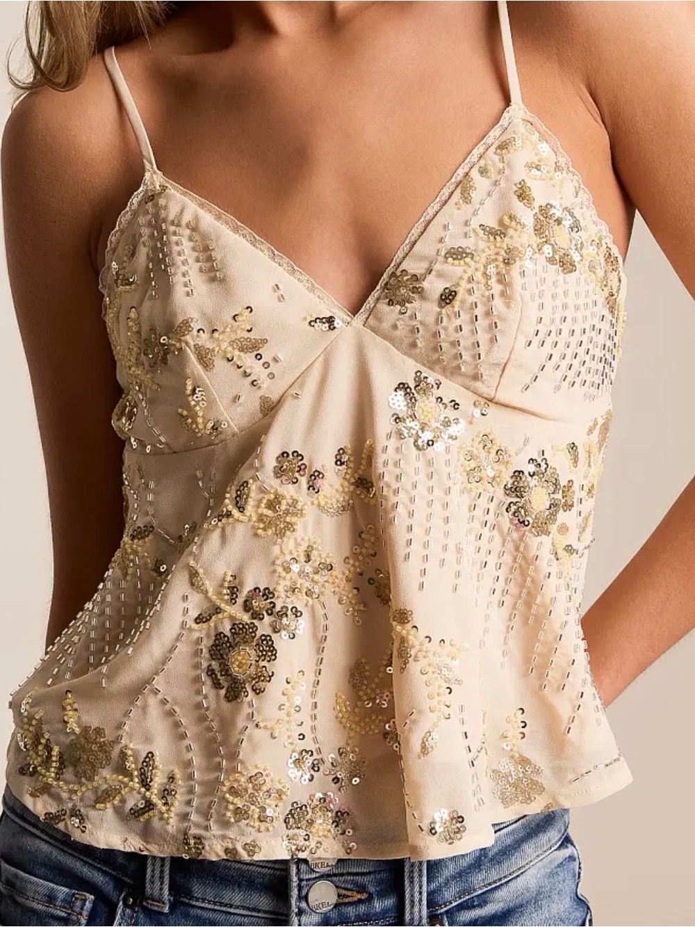 Embellished Cream Sequin Spaghetti Strap Cami Top
